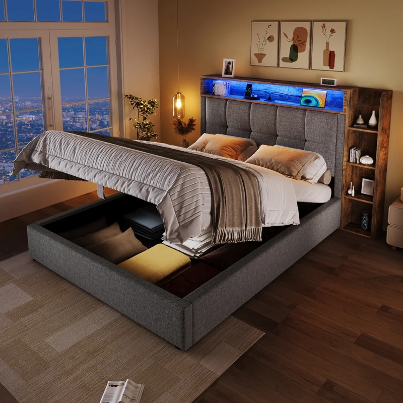 Letto imbottito 90x200 cm con contenitore; LED e prese USB-C; rivestimento grigio