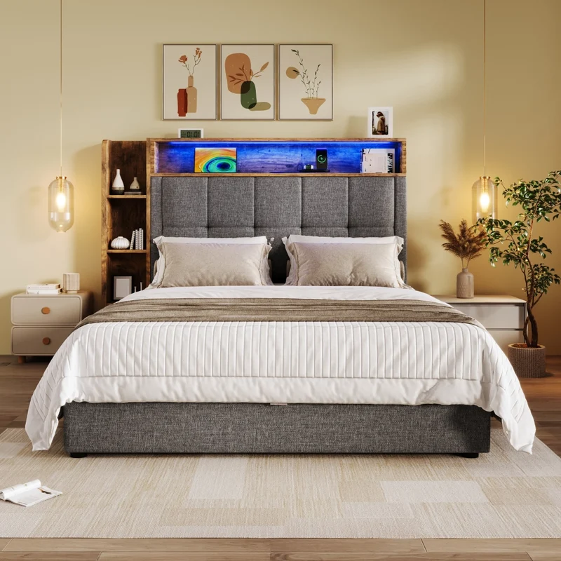 Letto imbottito 90x200 cm con contenitore; LED e prese USB-C; rivestimento grigio