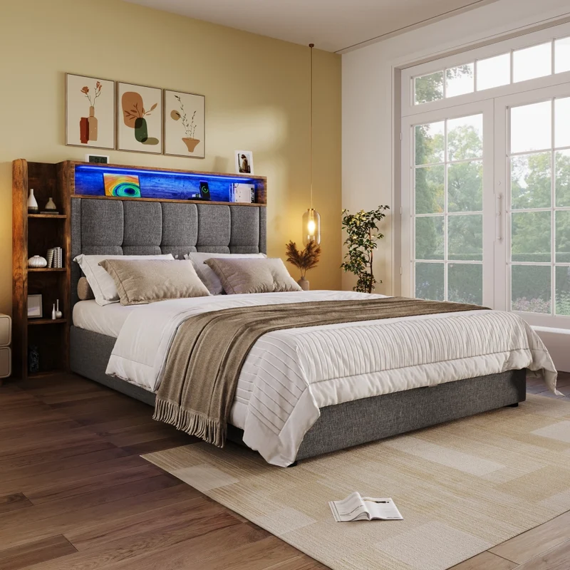 Letto imbottito 90x200 cm con contenitore; LED e prese USB-C; rivestimento grigio
