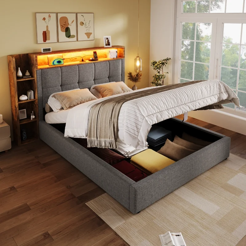 Letto imbottito 90x200 cm con contenitore; LED e prese USB-C; rivestimento grigio
