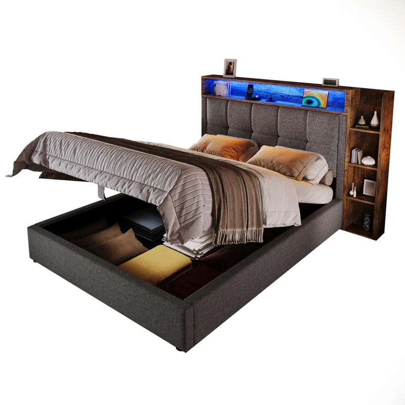 Letto imbottito 90x200 cm con contenitore; LED e prese USB-C; rivestimento grigio