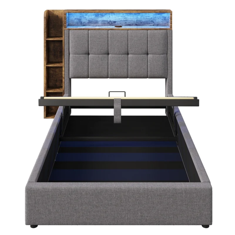 Letto imbottito 90x200 cm con contenitore; LED e prese USB-C; rivestimento grigio