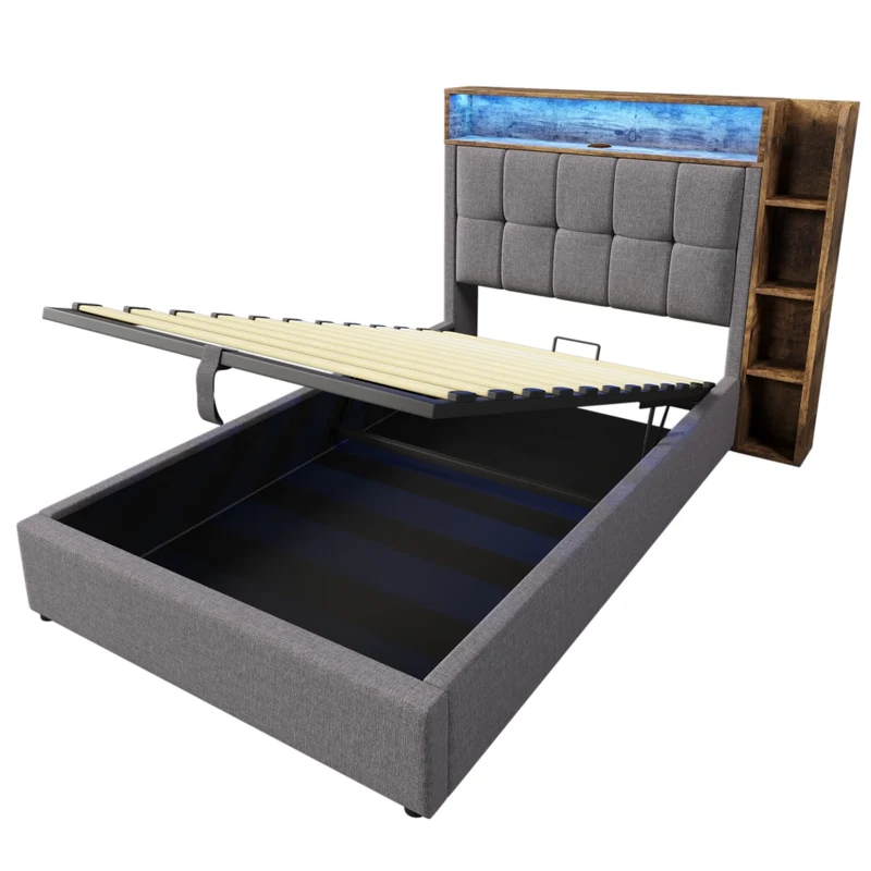 Letto imbottito 90x200 cm con contenitore; LED e prese USB-C; rivestimento grigio