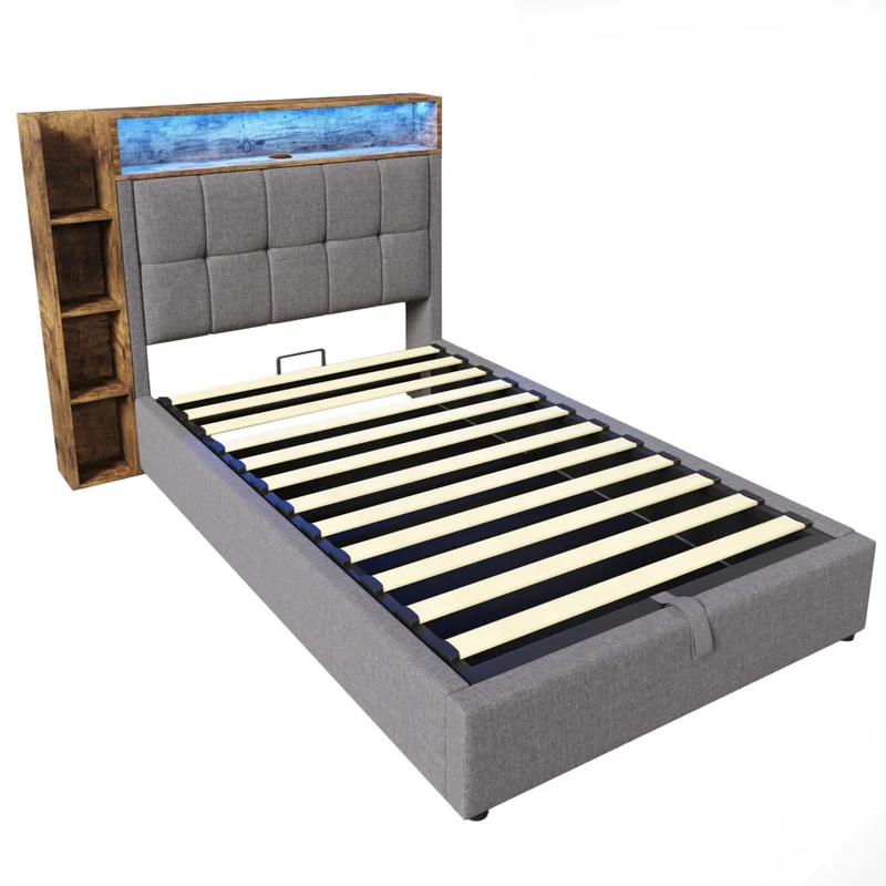 Letto imbottito 90x200 cm con contenitore; LED e prese USB-C; rivestimento grigio