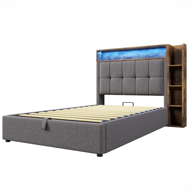 Letto imbottito 90x200 cm con contenitore; LED e prese USB-C; rivestimento grigio
