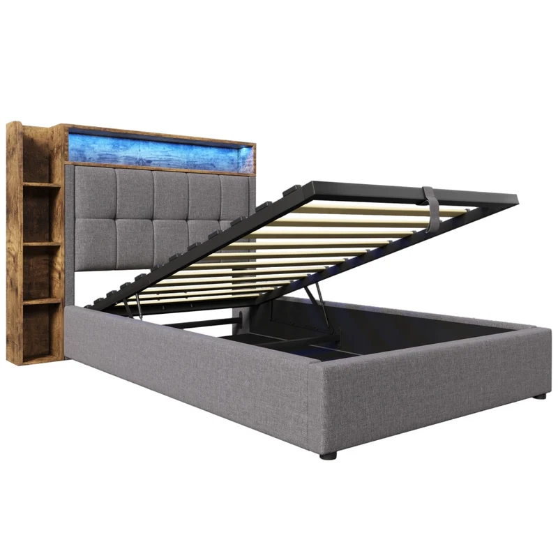 Letto imbottito 90x200 cm con contenitore; LED e prese USB-C; rivestimento grigio