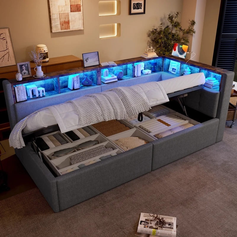 Divano letto singolo 90x200 cm in lino grigio con contenitore; luci LED e USB-C