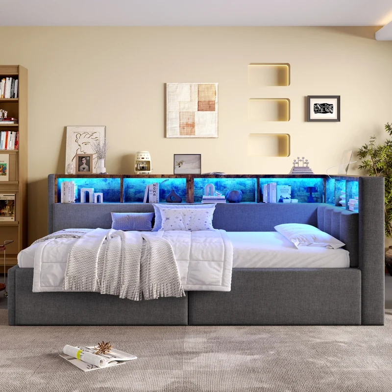 Divano letto singolo 90x200 cm in lino grigio con contenitore; luci LED e USB-C