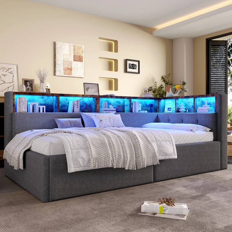 Divano letto singolo 90x200 cm in lino grigio con contenitore; luci LED e USB-C