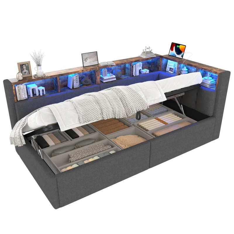 Divano letto singolo 90x200 cm in lino grigio con contenitore; luci LED e USB-C