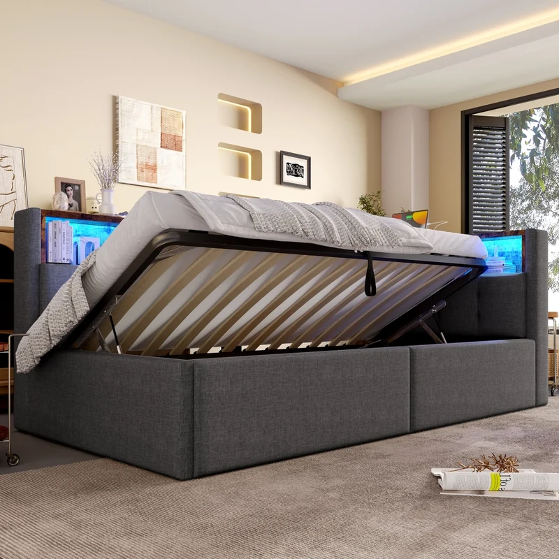 Divano letto singolo 90x200 cm in lino grigio con contenitore; luci LED e USB-C