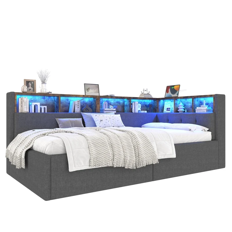Divano letto singolo 90x200 cm in lino grigio con contenitore; luci LED e USB-C