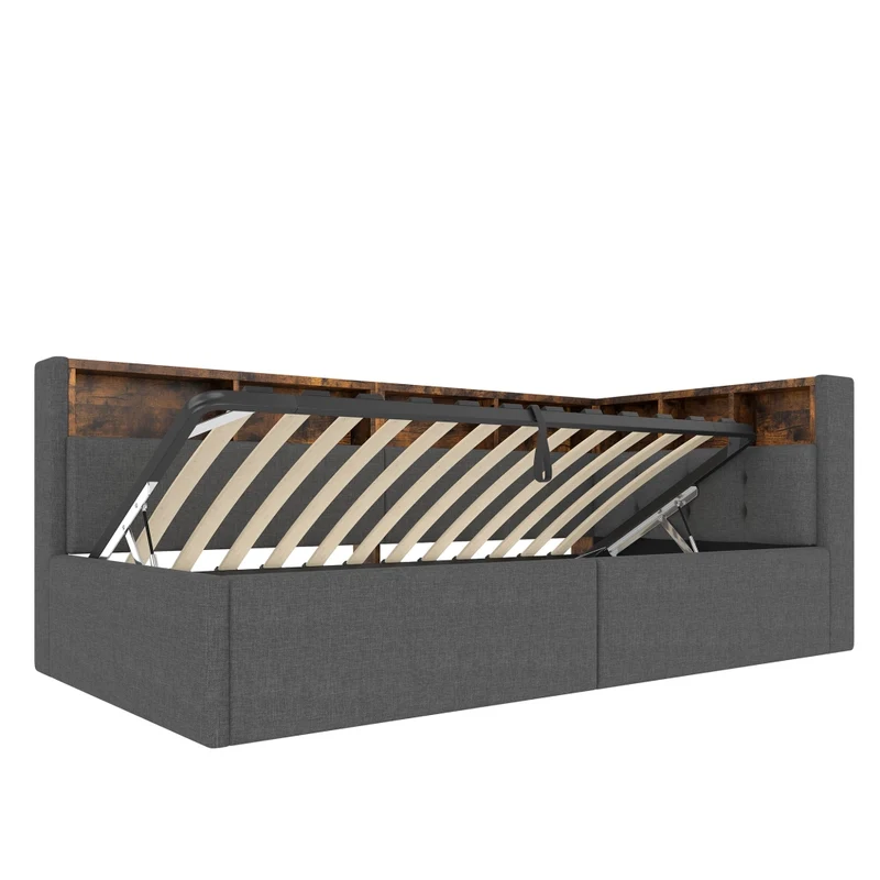 Divano letto singolo 90x200 cm in lino grigio con contenitore; luci LED e USB-C