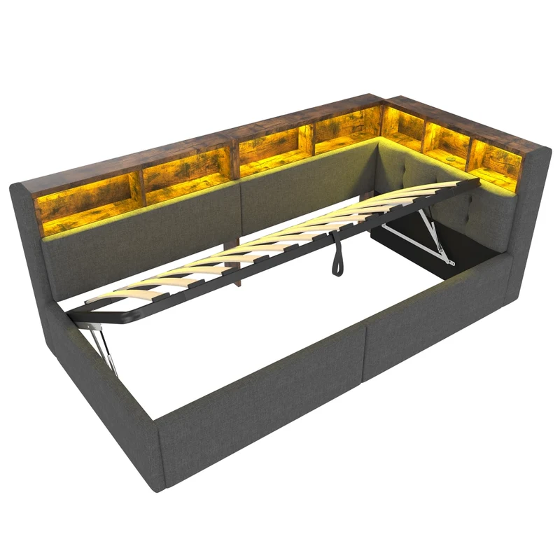 Divano letto singolo 90x200 cm in lino grigio con contenitore; luci LED e USB-C