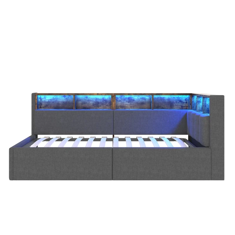 Divano letto singolo 90x200 cm in lino grigio con contenitore; luci LED e USB-C