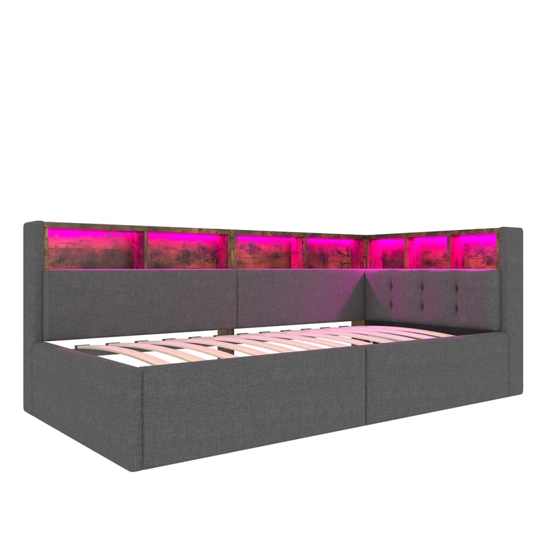 Divano letto singolo 90x200 cm in lino grigio con contenitore; luci LED e USB-C