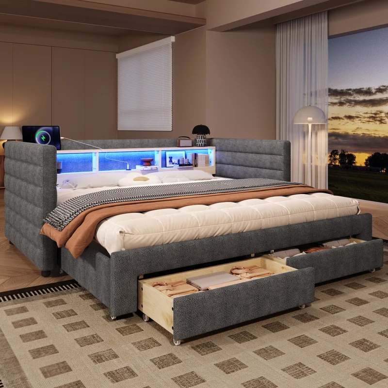 Divano letto singolo con letto estraibile 90x190 cm in velluto grigio; LED e vani contenitore