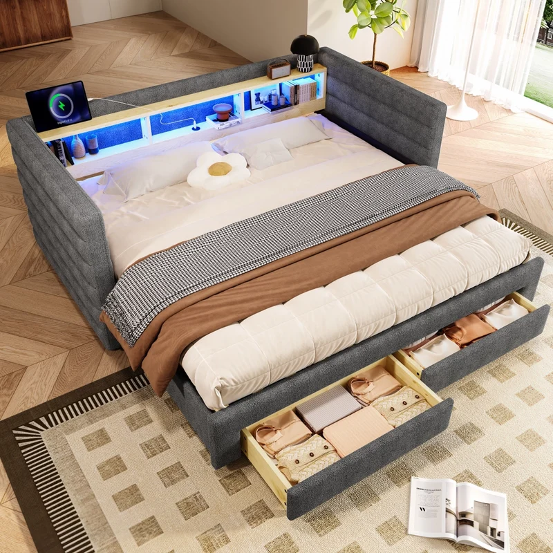 Divano letto singolo con letto estraibile 90x190 cm in velluto grigio; LED e vani contenitore