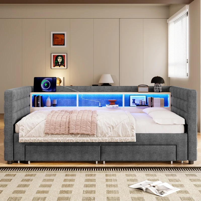 Divano letto singolo con letto estraibile 90x190 cm in velluto grigio; LED e vani contenitore