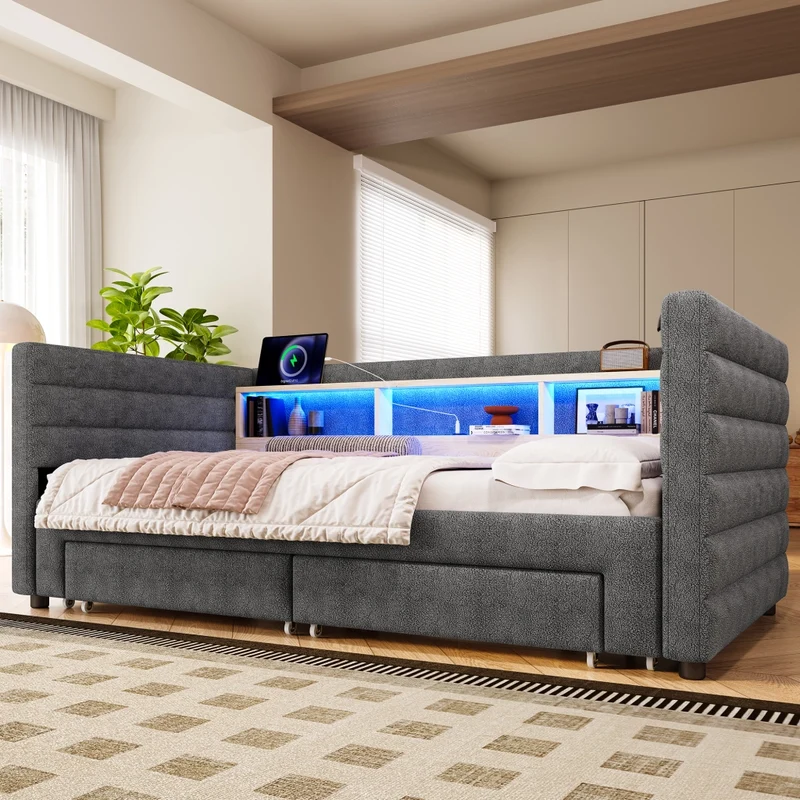 Divano letto singolo con letto estraibile 90x190 cm in velluto grigio; LED e vani contenitore