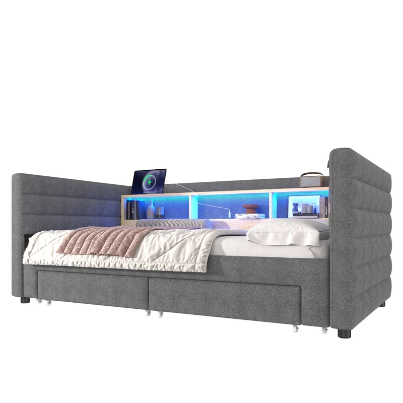 Divano letto singolo con letto estraibile 90x190 cm in velluto grigio; LED e vani contenitore