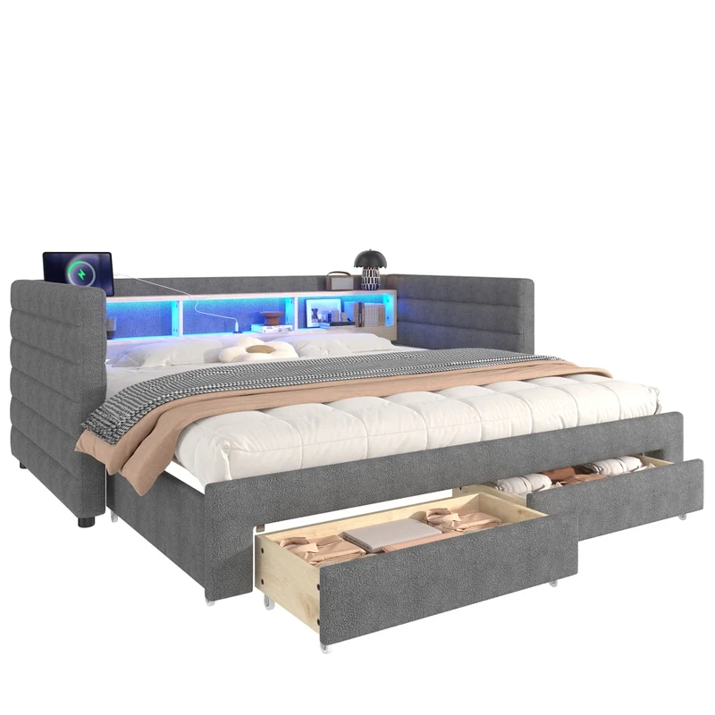 Divano letto singolo con letto estraibile 90x190 cm in velluto grigio; LED e vani contenitore