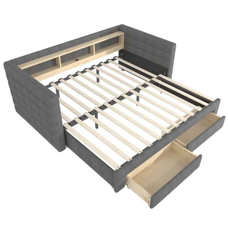 Divano letto singolo con letto estraibile 90x190 cm in velluto grigio; LED e vani contenitore