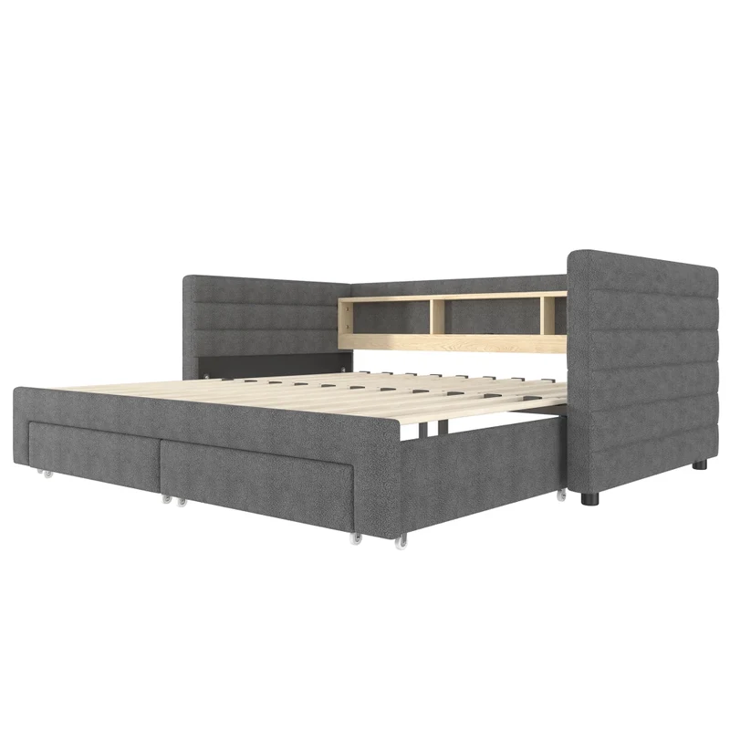 Divano letto singolo con letto estraibile 90x190 cm in velluto grigio; LED e vani contenitore