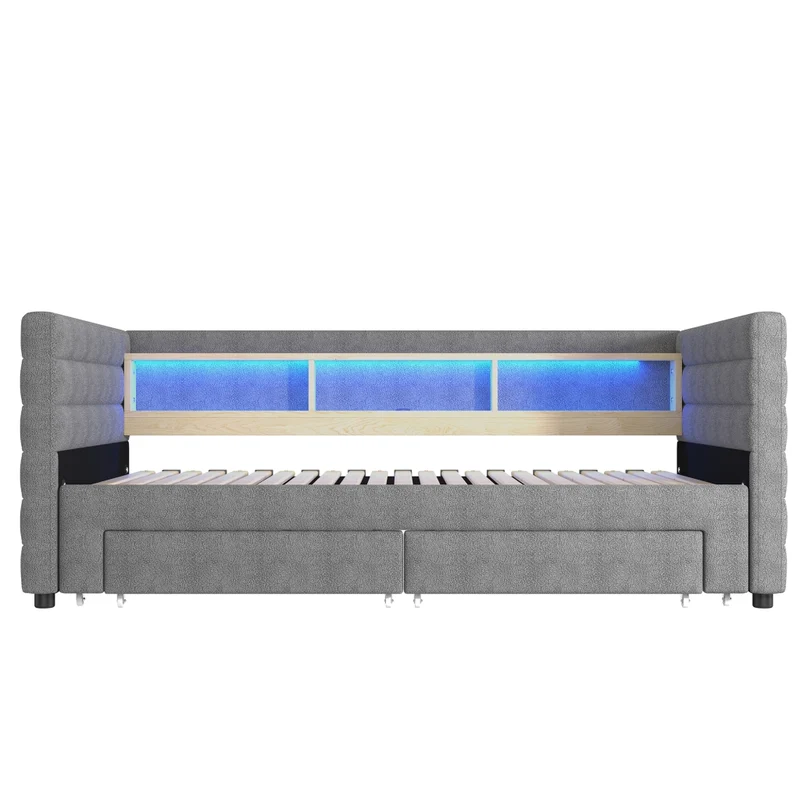 Divano letto singolo con letto estraibile 90x190 cm in velluto grigio; LED e vani contenitore