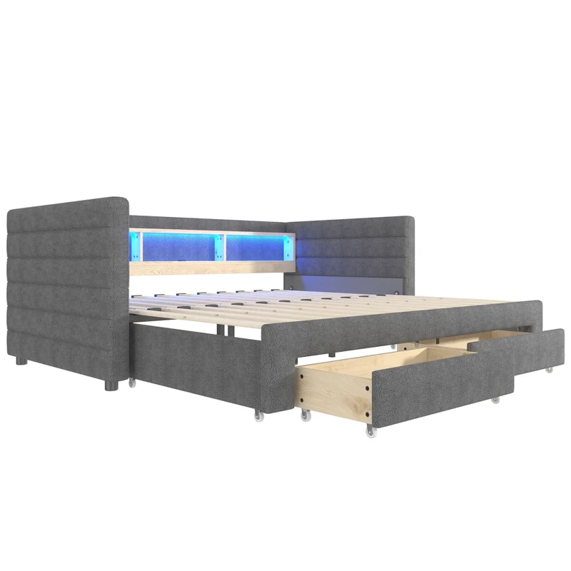 Divano letto singolo con letto estraibile 90x190 cm in velluto grigio; LED e vani contenitore