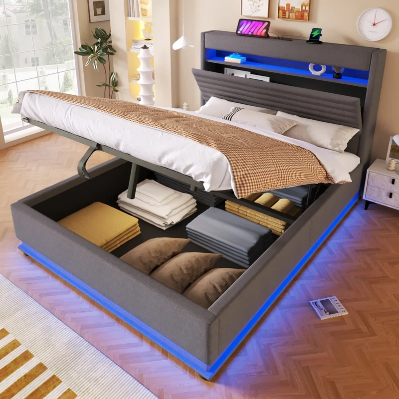 Letto imbottito 140x200 con contenitore idraulico; LED e ricarica USB-C; lino grigio