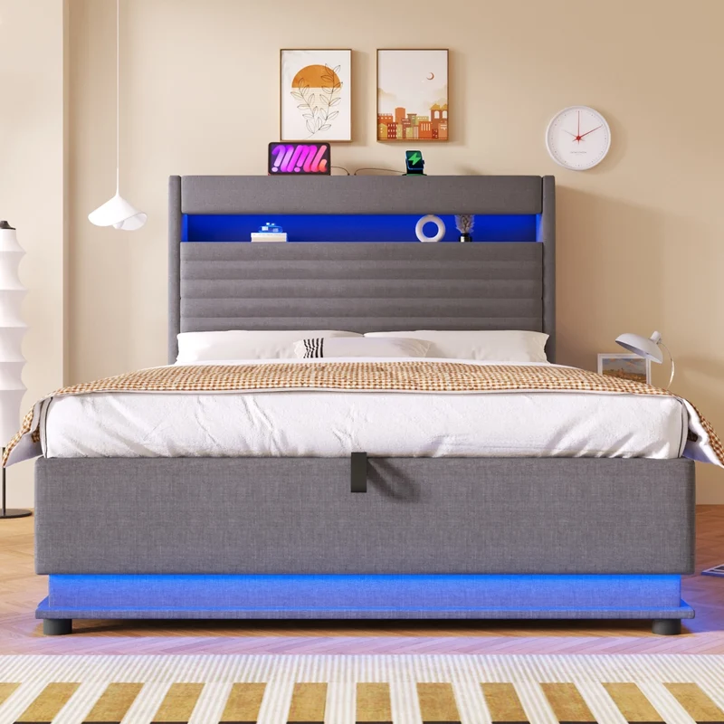 Letto imbottito 140x200 con contenitore idraulico; LED e ricarica USB-C; lino grigio
