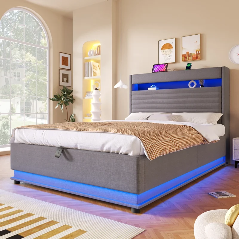 Letto imbottito 140x200 con contenitore idraulico; LED e ricarica USB-C; lino grigio
