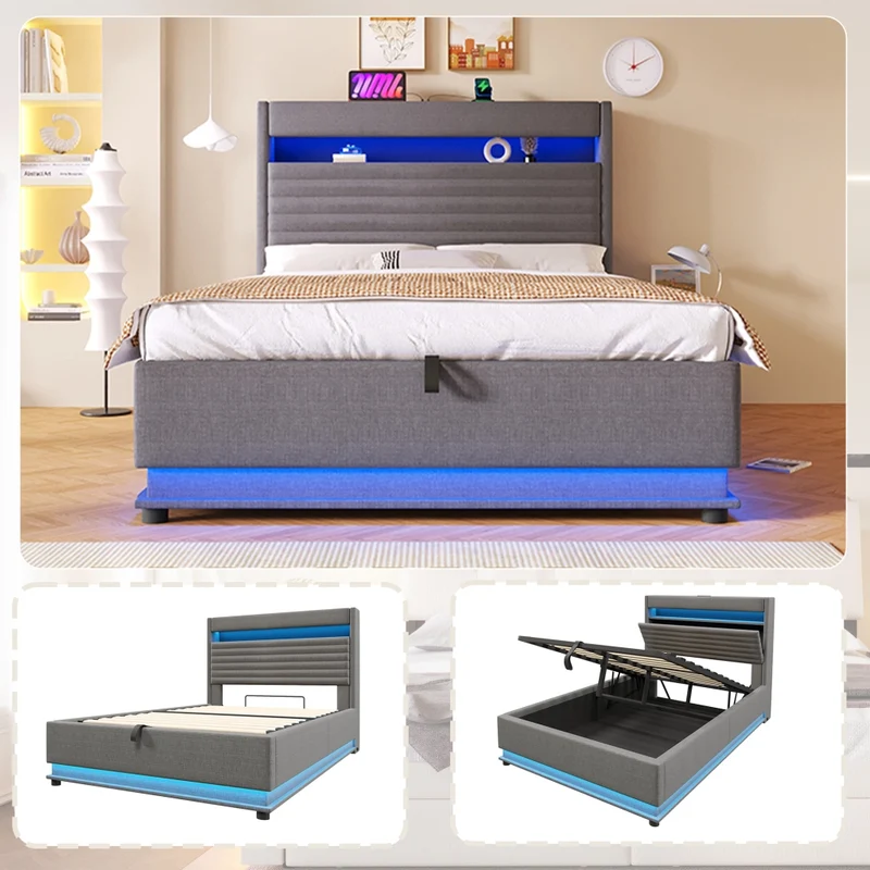 Letto imbottito 140x200 con contenitore idraulico; LED e ricarica USB-C; lino grigio