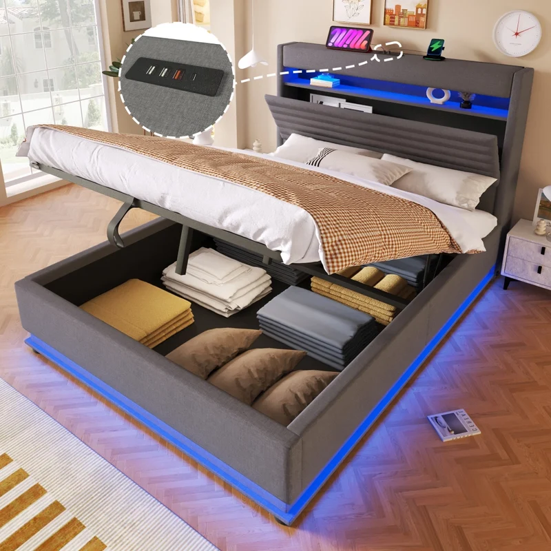 Letto imbottito 140x200 con contenitore idraulico; LED e ricarica USB-C; lino grigio