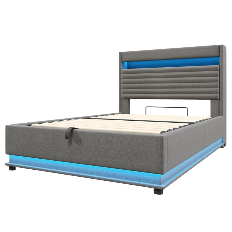 Letto imbottito 140x200 con contenitore idraulico; LED e ricarica USB-C; lino grigio