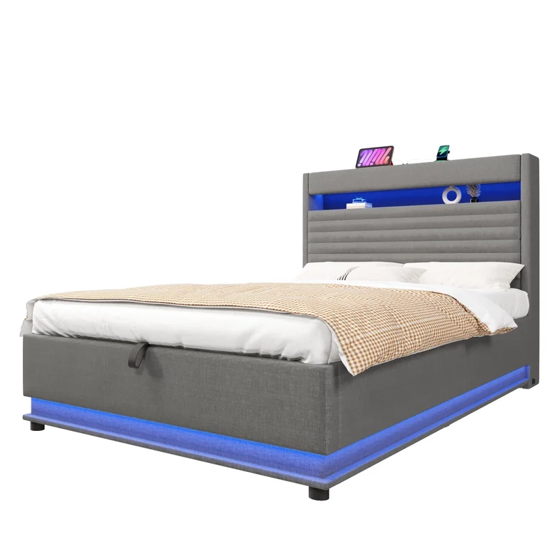 Letto imbottito 140x200 con contenitore idraulico; LED e ricarica USB-C; lino grigio