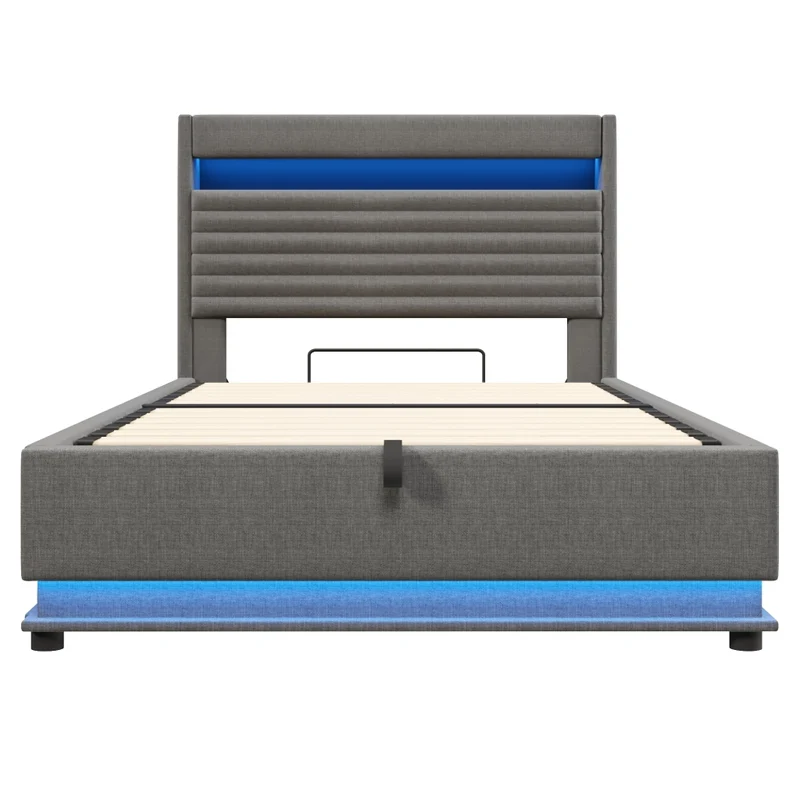 Letto imbottito 140x200 con contenitore idraulico; LED e ricarica USB-C; lino grigio