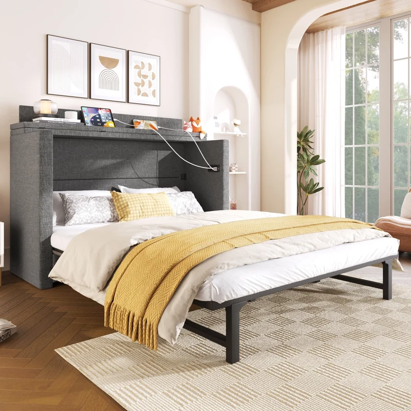 Letto a scomparsa 140x200 in lino grigio; trasformabile in armadio con prese USB e Type-C