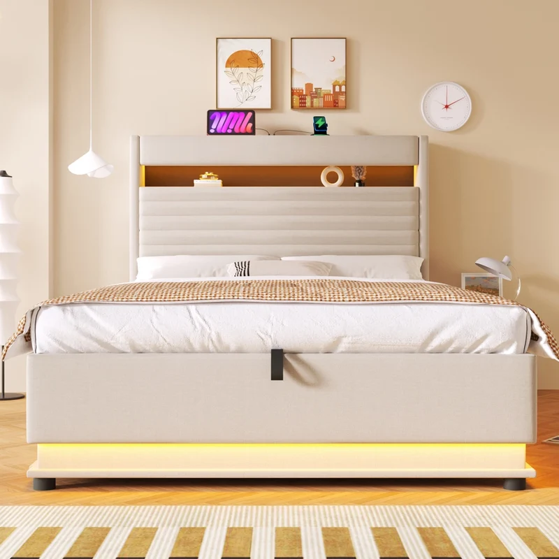 Letto contenitore 140x200 cm con LED regolabile; ricarica USB-C e rivestimento beige in lino