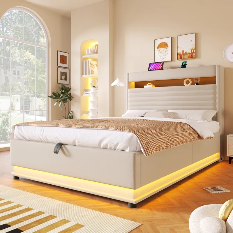 Letto contenitore 140x200 cm con LED regolabile; ricarica USB-C e rivestimento beige in lino