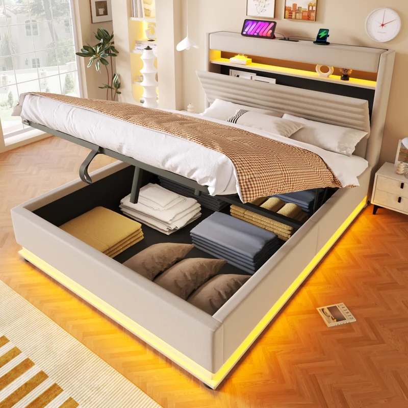 Letto contenitore 140x200 cm con LED regolabile; ricarica USB-C e rivestimento beige in lino