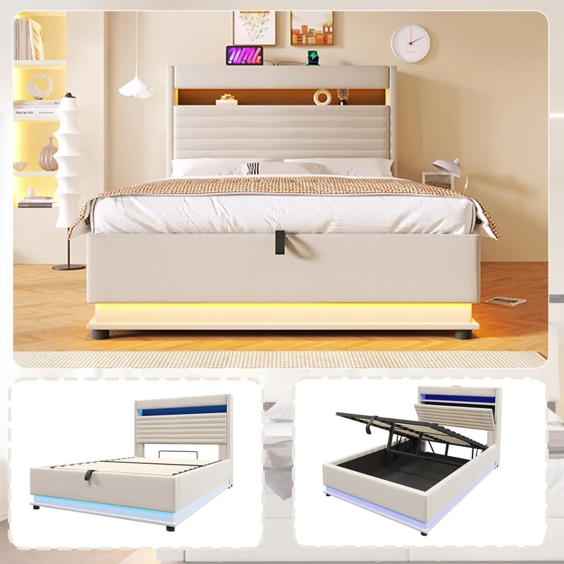 Letto contenitore 140x200 cm con LED regolabile; ricarica USB-C e rivestimento beige in lino