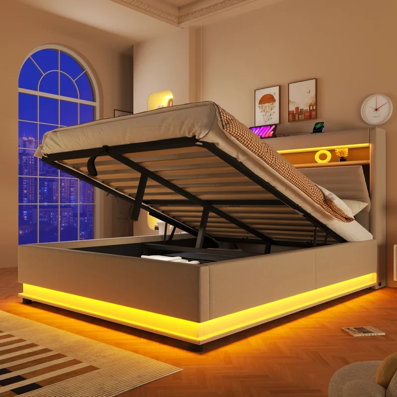 Letto contenitore 140x200 cm con LED regolabile; ricarica USB-C e rivestimento beige in lino