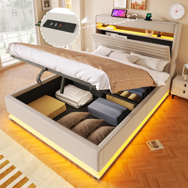 Letto contenitore 140x200 cm con LED regolabile; ricarica USB-C e rivestimento beige in lino