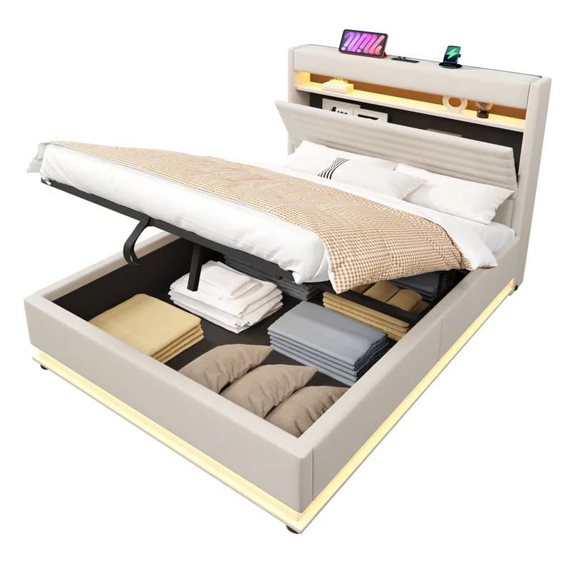 Letto contenitore 140x200 cm con LED regolabile; ricarica USB-C e rivestimento beige in lino