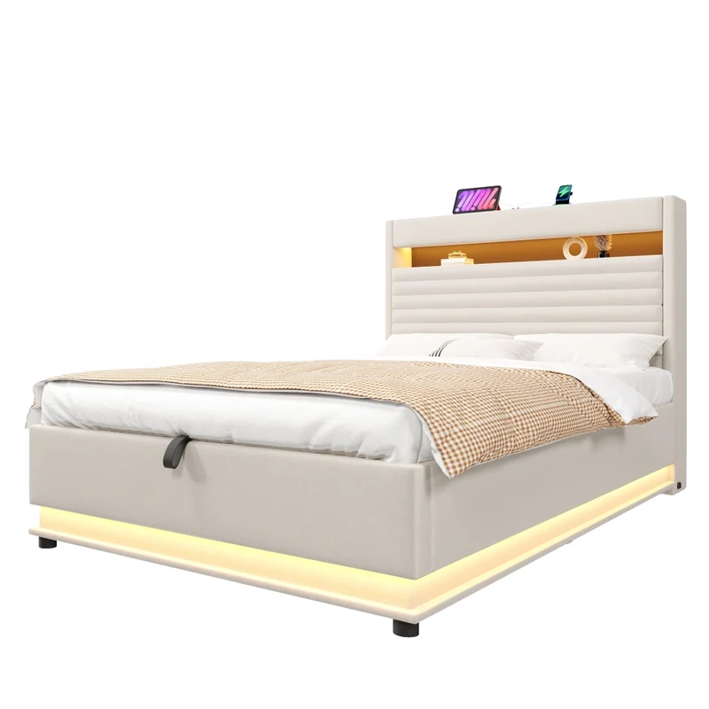 Letto contenitore 140x200 cm con LED regolabile; ricarica USB-C e rivestimento beige in lino