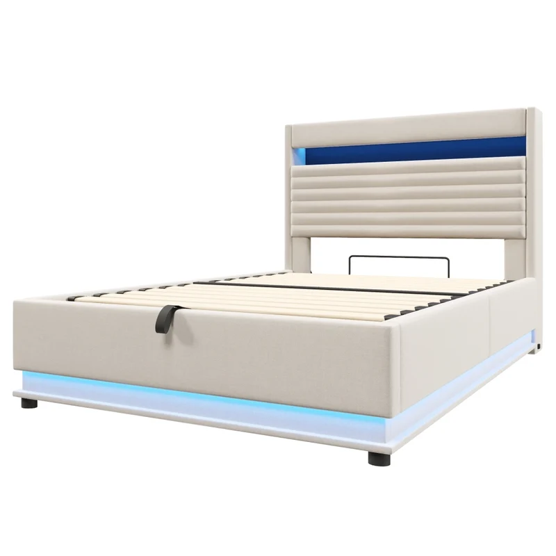 Letto contenitore 140x200 cm con LED regolabile; ricarica USB-C e rivestimento beige in lino