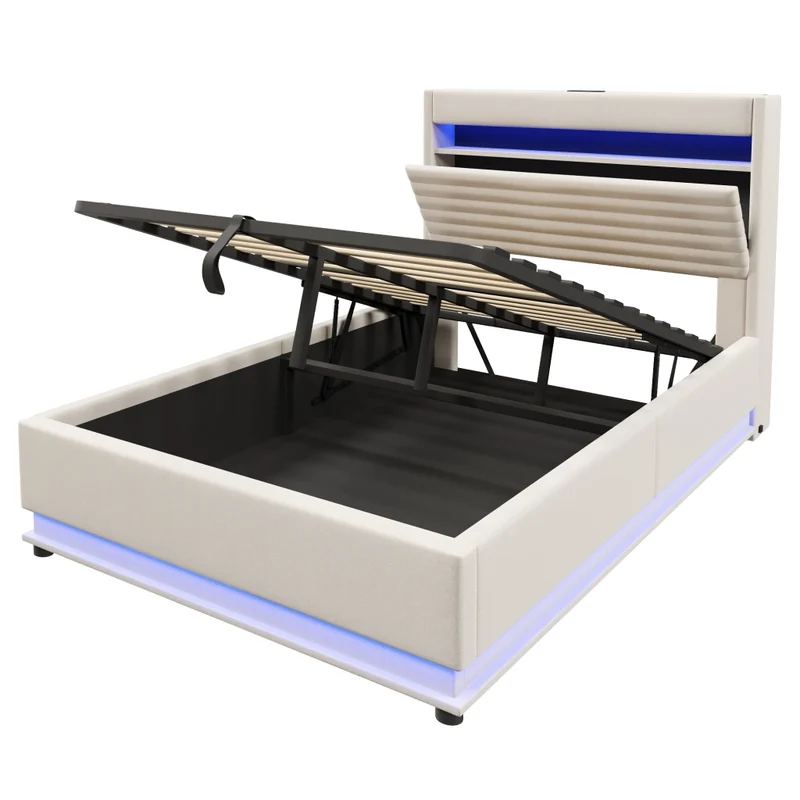 Letto contenitore 140x200 cm con LED regolabile; ricarica USB-C e rivestimento beige in lino