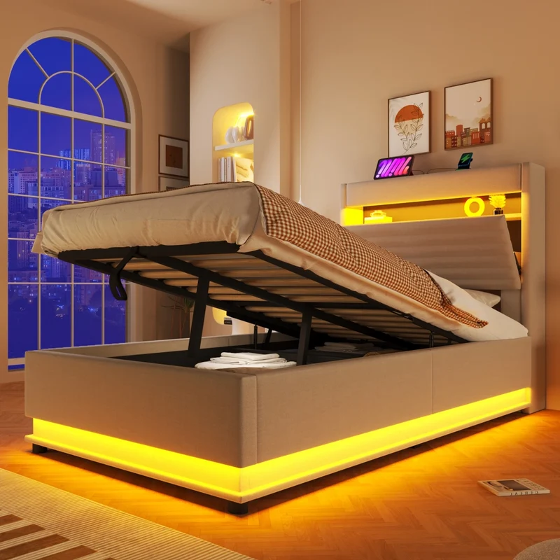 Letto contenitore 90x200 cm imbottito in lino beige con LED; USB-C e apertura idraulica